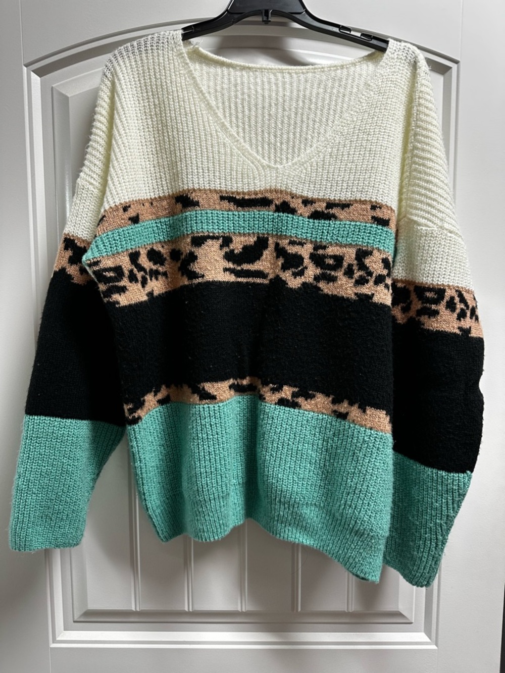 V-Neck Colorblock Knit Sweater in Cream, Black & Aqua